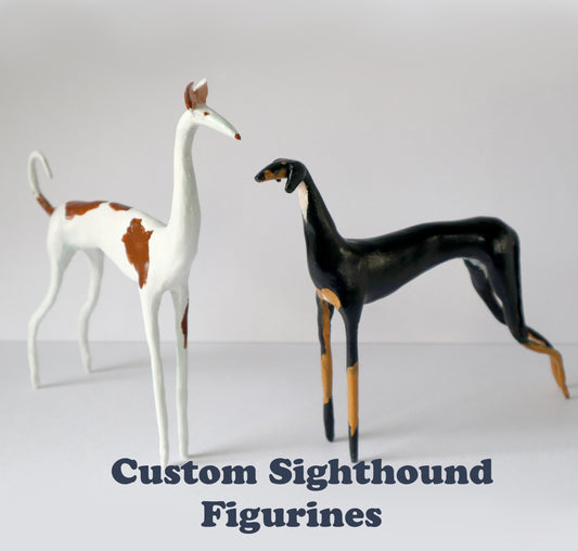 Personalized sighthound figurines, handmade, ibizan hound figurine , smooth saluki figurine. Black and tan saluki.