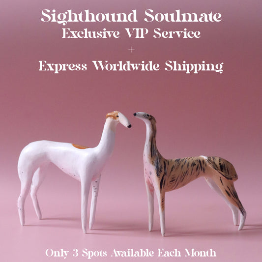 Two dog figurines facing each other on a pink background with text.
